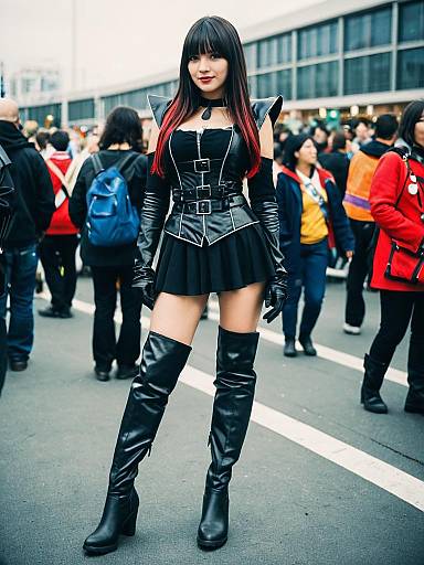 Photograph of an Asian woman in a black leather gothic outfit, thigh-high boots, and long black gloves, standing confidently in a crowded urban street