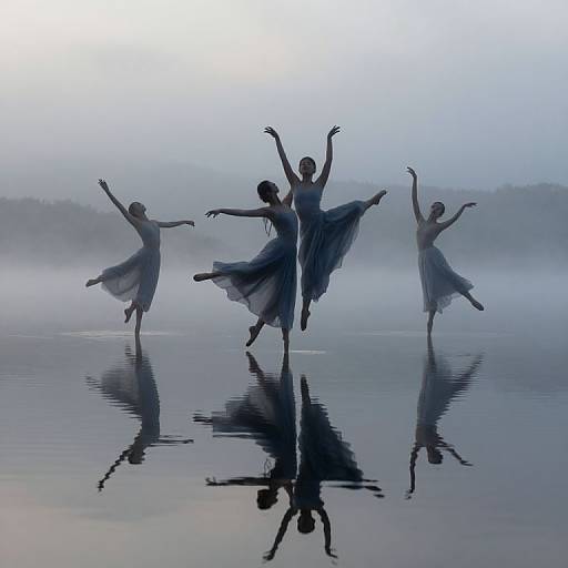 Photograph of four silhouetted ballerinas in flowing blue dresses, dancing on a reflective, misty lake, with arms gracefully raised.