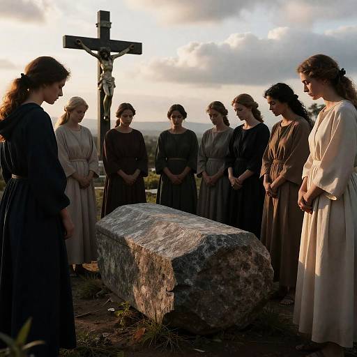 Photograph of six women in period dresses, standing in a sunlit outdoor cemetery, surrounding a stone tomb and a cross.
