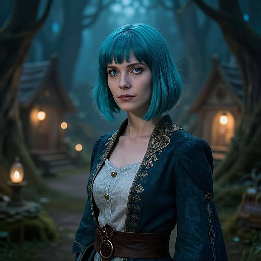Digital art of a blue-haired woman with fair skin, wearing a dark, embroidered jacket over a white blouse, in a mystical, moonlit forest with