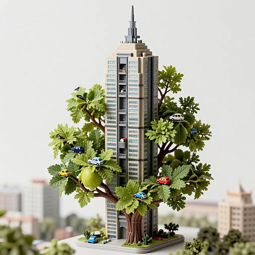 Photograph of a LEGO cityscape featuring a tall, modern skyscraper with a large tree growing through it, adorned with colorful LEGO cars. Blurred