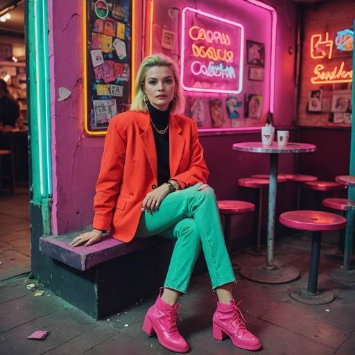Woman in 80s Neon Style Outfit at Cafe