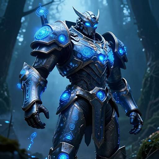 Digital artwork of a glowing blue-armored, humanoid warrior with intricate, illuminated patterns in a dark, misty forest. Cybernetic, futuristic design