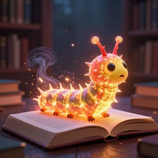 Photograph of a glowing, fire-breathing, cartoon caterpillar with antennae and spikes, standing on an open book in a dimly lit library