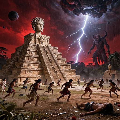 Photographic CGI of ancient Mayan temple under red sky, lightning, and dark storm, with running warriors and fallen bodies, giant statue face on stairs