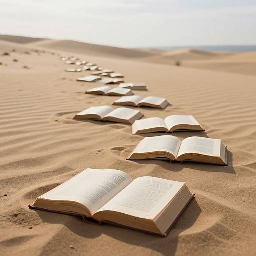 Photograph of a line of open books lying on golden sand dunes under bright sunlight, with a blurred ocean horizon in the background.