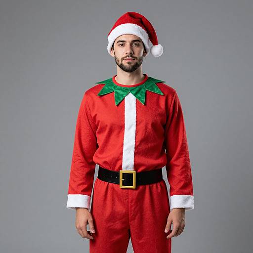 Photograph of a bearded man in a red Santa outfit with green collar, white trim, black belt, and Santa hat, standing against a plain