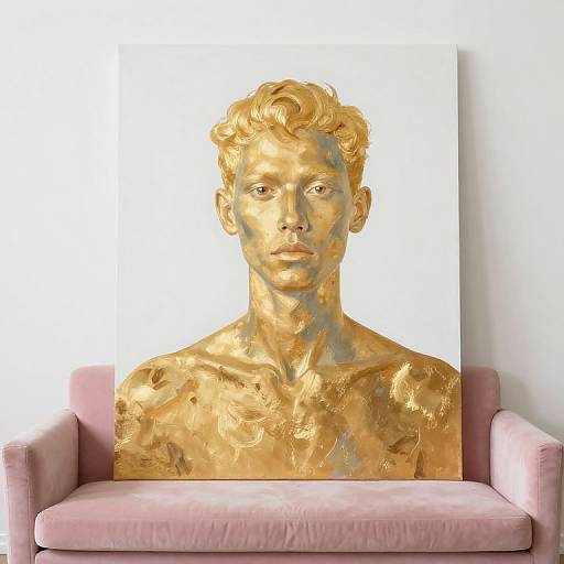 Photograph of a gold-toned, sculpted portrait of a young, shirtless man with curly hair, set on a pink velvet chair.