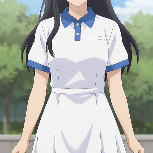 Anime-style digital drawing of a woman with long black hair, wearing a white short-sleeved dress with blue collars and trim, standing outdoors with