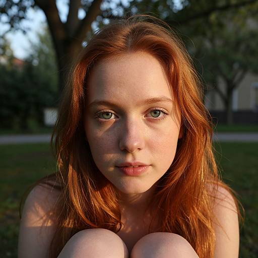 Photograph of a young fair-skinned woman with long red hair, freckles, and green eyes, sitting outdoors with knees up, sunlight highlighting