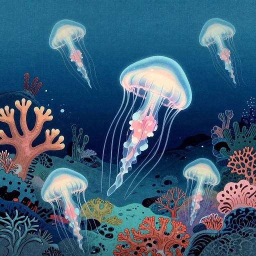 Vibrant underwater illustration of glowing jellyfish hovering above colorful coral reefs and sea plants in a deep blue ocean.