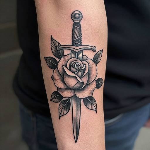 Black and gray tattoo of a rose with a dagger centered, surrounded by leaves, on a forearm. Photographed close-up.