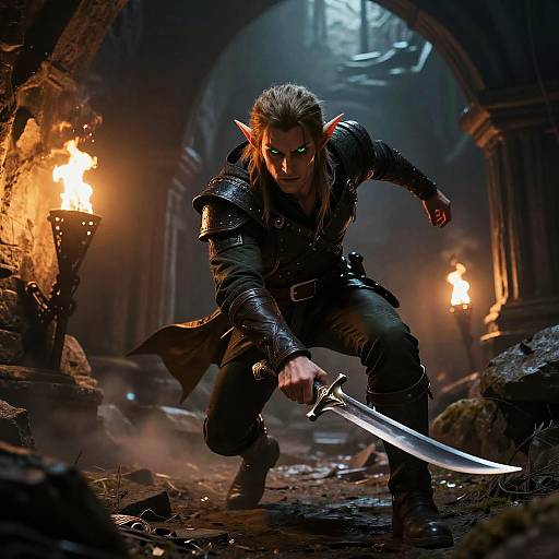 Elven Rogue Escaping Ancient Ruins