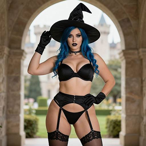 Photograph of a curvy woman with blue hair, wearing a black witch hat, bra, garter belt, panties, stockings, gloves, and