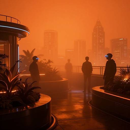 Photograph of a futuristic rooftop scene at sunset, with three silhouetted figures wearing head-mounted displays, surrounded by glowing city lights and orange-h