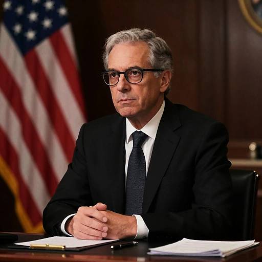 Serious Middle-Aged Man in Suit at Desk with American Flag