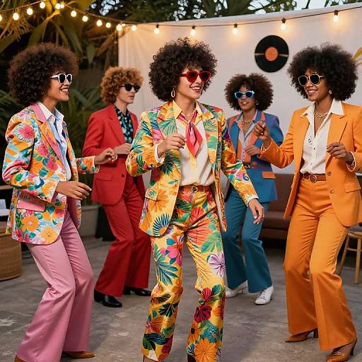 Photograph of five people with afros dancing outdoors; two in vibrant floral suits, one in orange suit, two in bold blazers, string lights