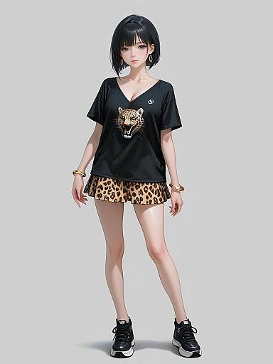 Digital anime-style illustration of a slim, pale-skinned girl with black bob haircut, wearing a black t-shirt with leopard print, leopard skirt, and