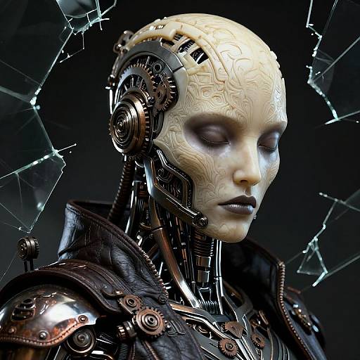 CGI image of a futuristic, android woman with a pale, detailed face, mechanical head, and dark armored shoulders, surrounded by shattered glass.