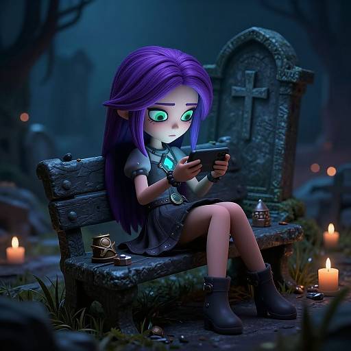 Girl Gaming in Crypt Cartoon