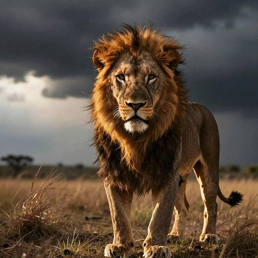 Asiatic Lion Standing in Stormy Grassland