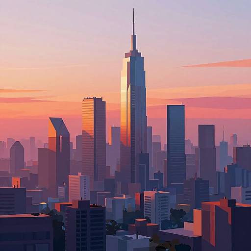 Digital illustration of a cityscape at sunset, featuring a tall skyscraper illuminated by the orange and pink sky, surrounded by various dark and colorful buildings.