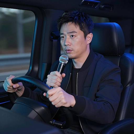 Serious Man in Dimly Lit Vehicle