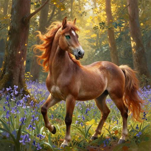 Digital painting of a majestic, reddish-brown horse with flowing mane, standing in a sunlit forest filled with bluebell flowers.