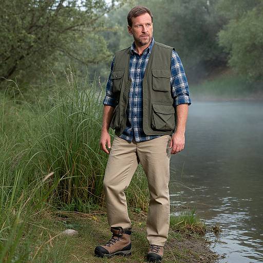 Photograph of a middle-aged man with short brown hair, beard, wearing a green vest over a blue plaid shirt, beige pants, and brown