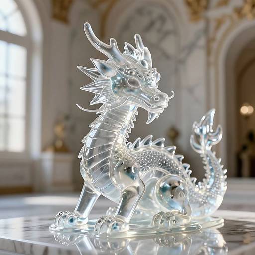Photograph of a transparent, intricately detailed crystal dragon statue with shiny, reflective surfaces, sitting on a glossy white surface. Elegant, ornate background