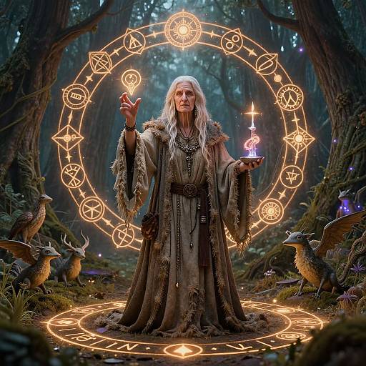 Mystical forest scene: Silver-haired wizard in tattered robe holds glowing rune and candle, surrounded by magical circle with symbols, flanked by glowing
