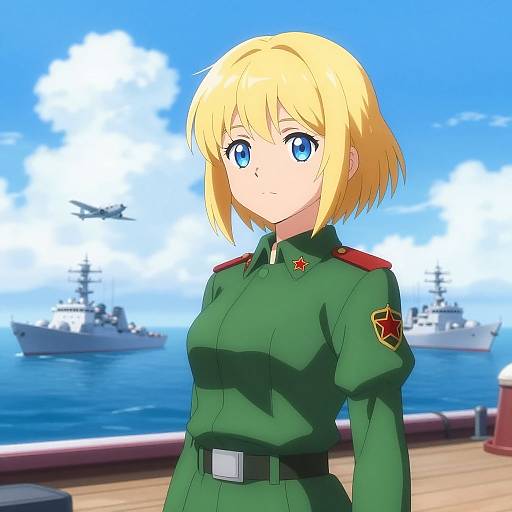 Anime Girl in Military Uniform on Ship