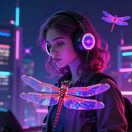 Neon-lit photograph of a young woman with wavy pink hair, wearing glowing headphones and a cyber-dragon headpiece, in a futuristic city