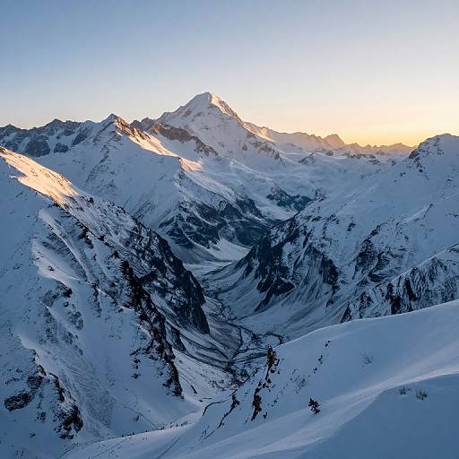 Photograph of a snow-covered mountain range at sunset, with sunlight casting golden hues on peaks, creating stark shadows and crisp textures.