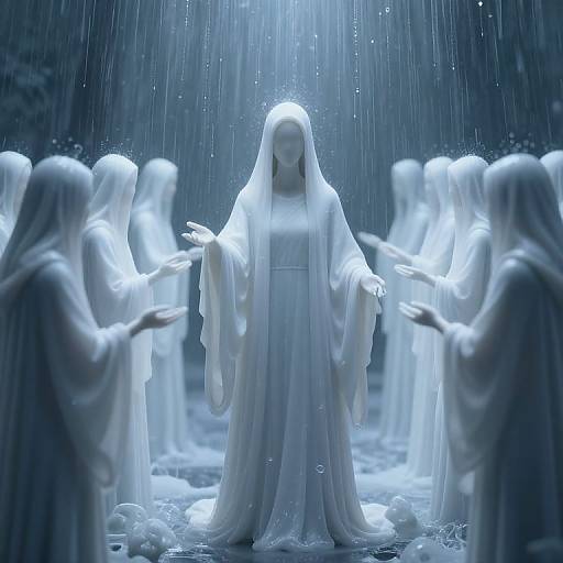 Photorealistic digital artwork of ethereal, glowing white-robed figures standing in a rain-soaked, blue-lit forest, with arms raised,