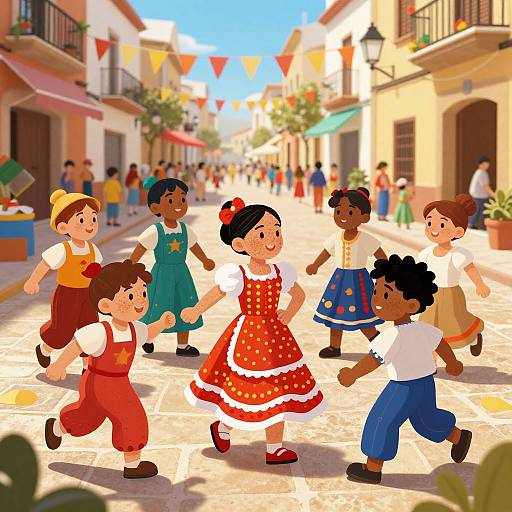 Colorful digital illustration of diverse children dancing in a sunlit, cobblestone street with festive flags and colonial-style buildings.