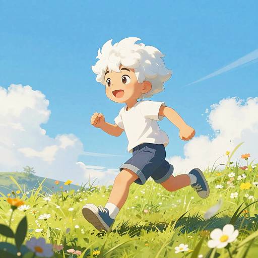 Digitally drawn anime-style boy with white hair, running joyfully in a sunny meadow, wearing white shirt, blue shorts, and sneakers. Bright