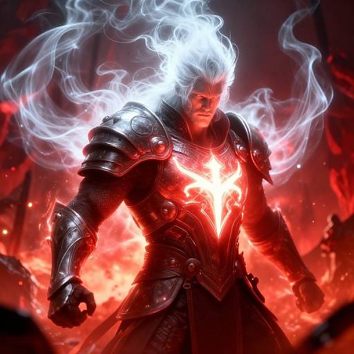 Digital art of a muscular, armored warrior with white hair and glowing white flames, set against a fiery red background. Intense, powerful, and dramatic