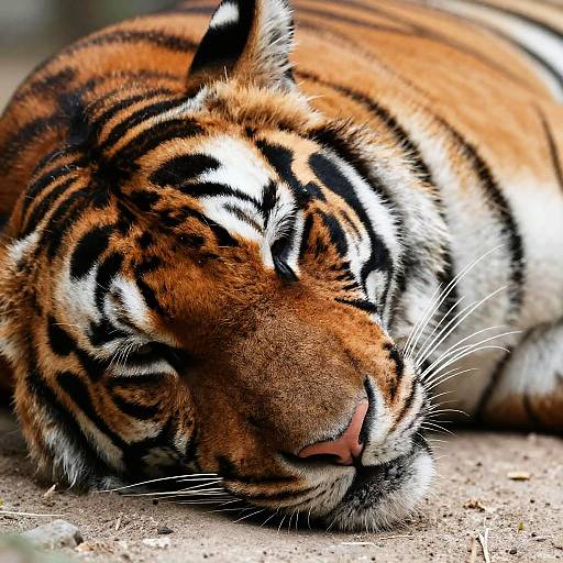 Photograph of a sleeping Bengal tiger with closed eyes, orange and black striped fur, and pink nose, lying on a dirt ground.