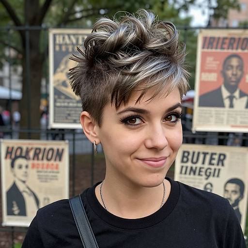 Photograph of a smiling young woman with short, spiked gray and black hair, wearing a black shirt, hoop earrings, and a black shoulder bag,