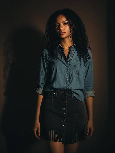 Woman in Denim Shirt and Fringe Skirt