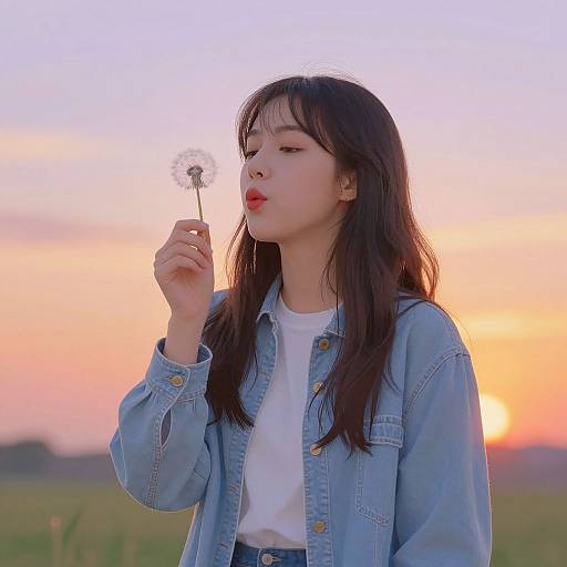 Asian woman with long black hair, denim jacket, white shirt, blowing on a dandelion seed, sunset background, colorful sky. Photograph.