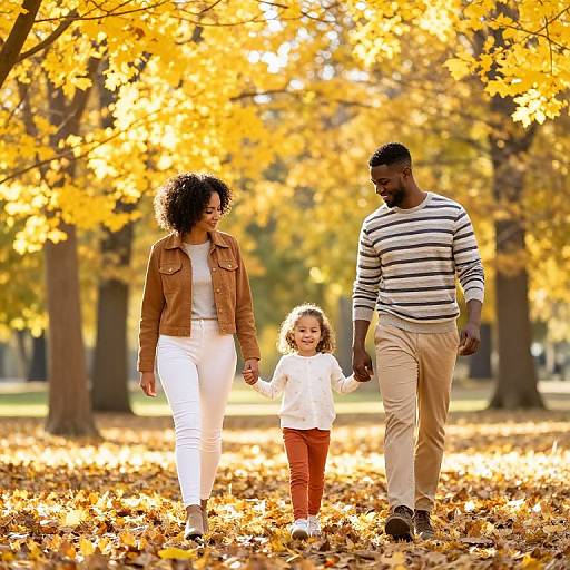 Photograph of an African-American family of three—mother in brown jacket and white pants, father in striped sweater and beige pants, and daughter in white