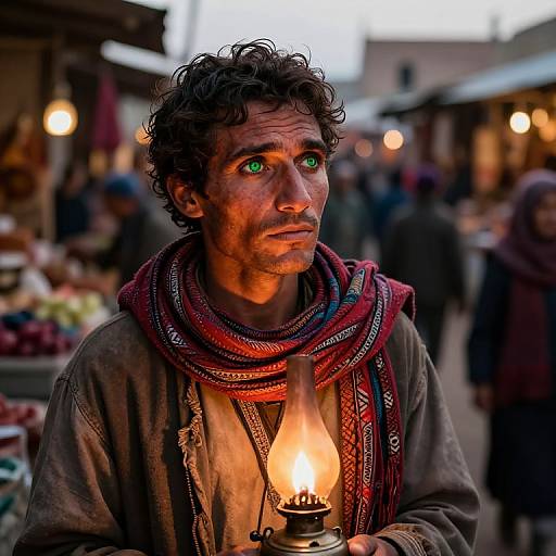 Photograph of a curly-haired, green-eyed Middle Eastern man with a rugged face, holding a lit lamp, wearing a red patterned scarf, in