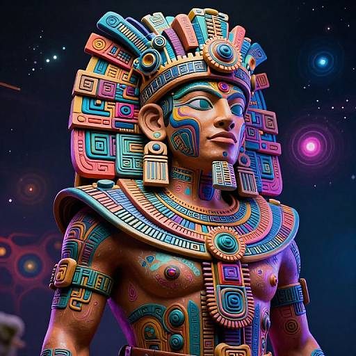 Vibrant CGI of a mythological figure with colorful geometric headdress, adorned with intricate patterns, against a cosmic background. Bright neon colors and detailed