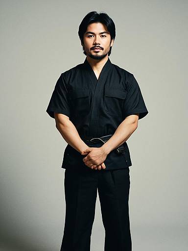 Photograph of a handsome Asian man with short black hair and beard, wearing a black short-sleeve shirt and pants, standing against a plain gray