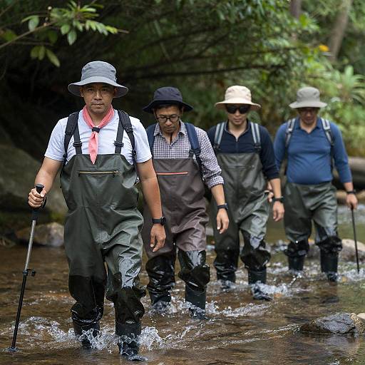 Group of men wading through forest stream