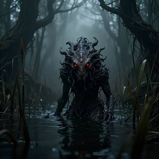 Digital artwork of a dark, menacing creature with twisted horns and glowing red eyes emerging from a misty, swampy forest.