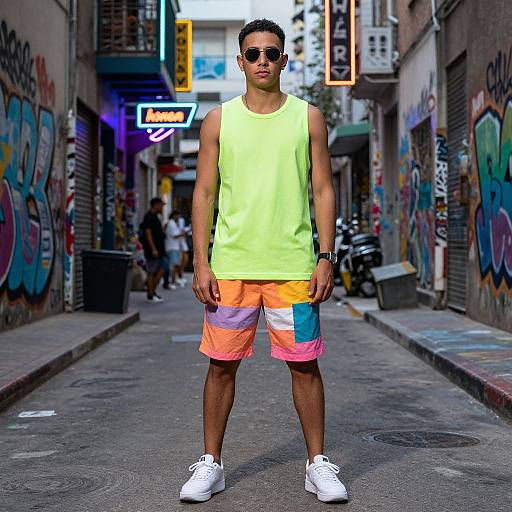 Photograph of a young man with dark skin, short curly hair, wearing a neon yellow tank top, colorful orange, pink, and blue shorts,