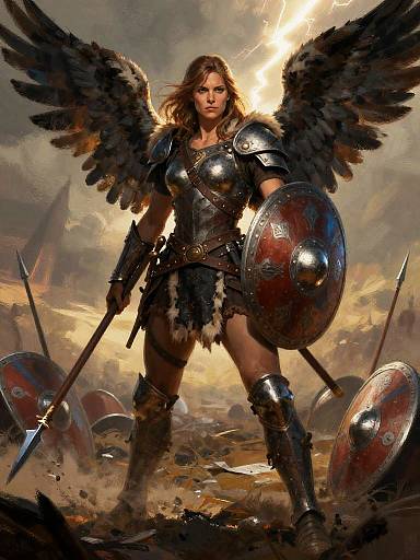 Wing-Helmed Heroine on Stormy Battlefield